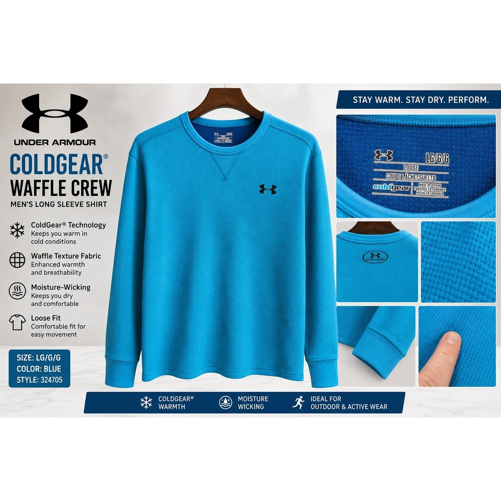 Under Armour ColdGear Mens Large Blue Waffle Knit Long Sleeve Base Layer Shirt